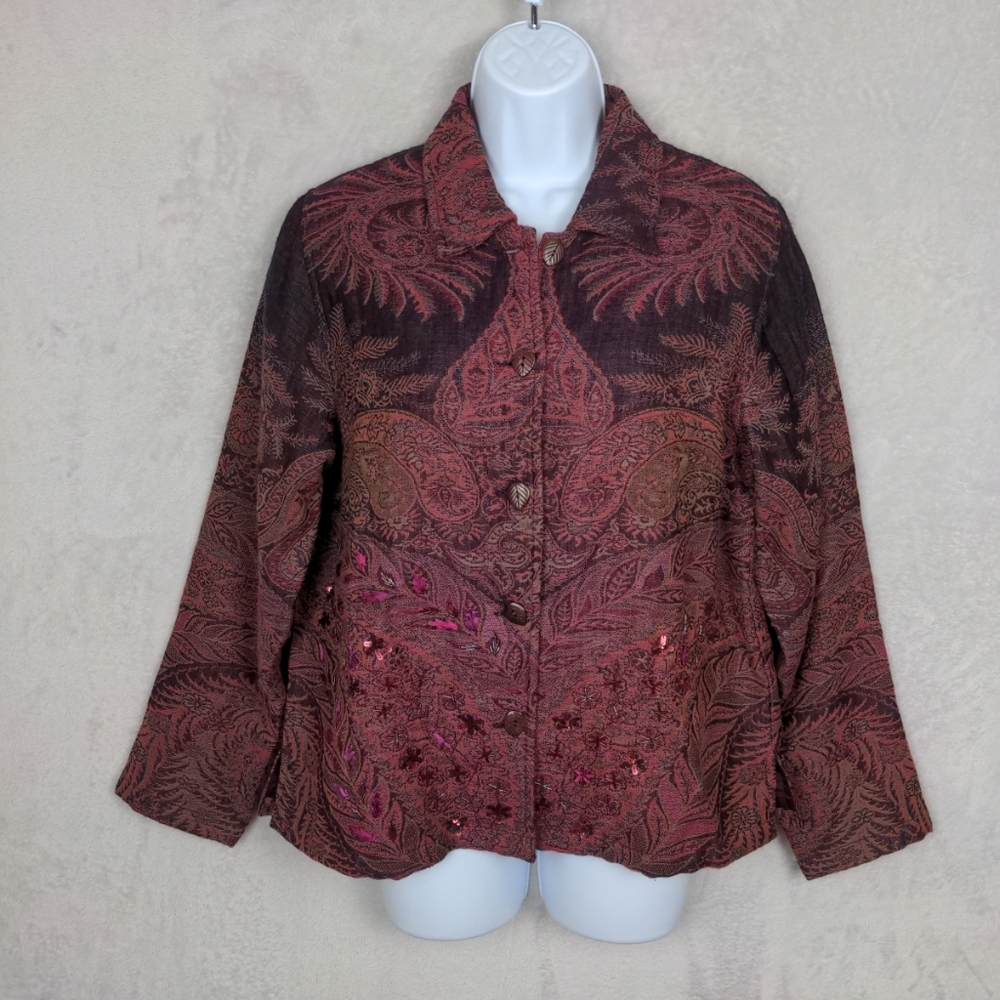 NWT Coldwater Creek Jacket Women Medium Burgundy Wool Paisley Embroidery Beaded